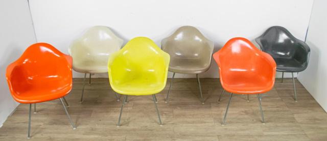 Eames 6 Fiberglass Shell Chairs For Herman Miller: Charles (St. Louis 1907-1978) Ray (Sacramento 1912-1988) Eames. 6 First generation shell chairs for Herman Miller. 1950's. Mid Century Modern chairs designed in 1948 for the Museum of Modern Art's "In