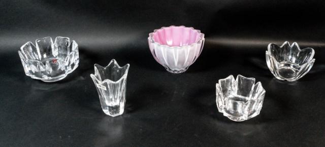 Lot of 5 Swedish Glass Art Bowls: Lot of 5 glass bowls. 4 Orrefors. 1 Kosta Boda. All marked on the bottom. Largest 7 3/4" Diameter 5 1/4" H.