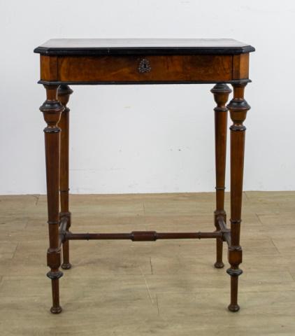 A.W. Lofgren Side Table: A.W. Lofgren side table. Swedish, early 20th century. Walnut with dowel feet and original key to drawer. Stamped with AW Lofgren stamp on underside. Scratches and scuffs on table top with some losses 