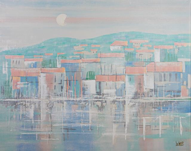 Lee Reynolds Oil on Canvas Abstract Cityscape: Lee Reynolds (American, 20th century). Oil on canvas abstract cityscape. Signed lower right. 47 1/2" x 59 1/2" (overall with frame 47 1/4" x 60 1/4"). Minor paint loss upper right