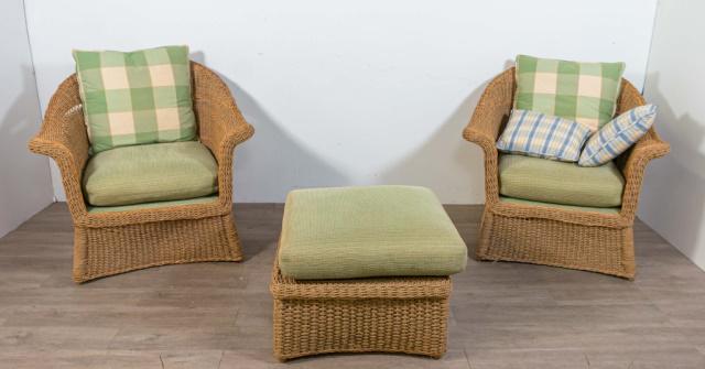 Pair of Wicker Lounge Chairs and Ottoman (1 of 11)