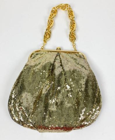MCM Gold Sequin Evening Bag: Lot includes gold sequin bag with snap closure, gold tone hardware and chain link shoulder strap, logo satin lining, single zippered interior pocket, authentication card included, 12"L, 12"H, 1"W, goo