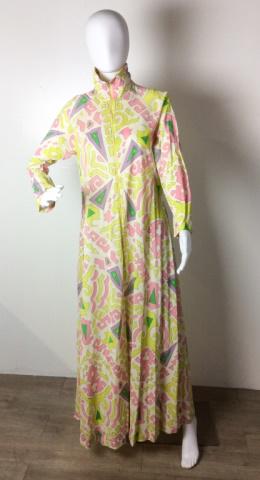Vintage Pucci Design Travel Lite by Boutique: Vintage Pucci Design Travel Lite by Boutique Loungewear Zipper Front Long Dressing / Lounging Gown Size Small - Coloring = Citron / Pink / Green / Lavender Condition - tear right sleeve - on right cuf