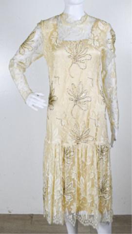 Tamara Boutique - New York 100% Silk Dress: Tamara Boutique - New York 100% Beige Long Sleeved Silk Dress Lace Over- Lay Embellished in baby Pearls - Flute Beads Opalescent Sequins - Lined - Six Covered Button Back Closure SIZE 10