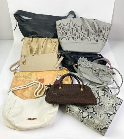 Grouping of Handbags: Lot includes Nine West snakeskin handbag, Silasse map bag, Etienne Aigner handbag, Elliott Lucca (tags still attached), ArtBag woven leather handbag, tan clutch with tags still attached, Steve Madden
