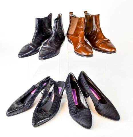 Susan Bennis Warren Edwards 4 pairs women's shoes: Susan Bennis Warren Edwards - SBWE Made in Italy. US Sizes 7-7.5. Clean soles. Heels 2 inch. mild ware on heels. Possibly resoled. Strap on woven leather shoe altered. Leather size 7. Fabric size unkn