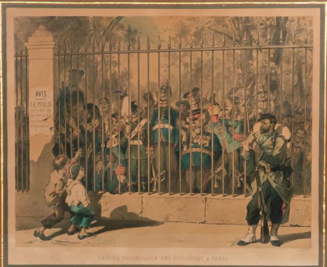 Charles Gilbert Colored Prussian War Lithograph: Charles Gilbert (American, 1873-1929) lithograph. "EntrÃ©e triomphale des Prussiens Ã Paris". Printed by Rose-Joseph Lemercier (French, 1803 - 1887). "Prussian soldiers including Bismarck in vari