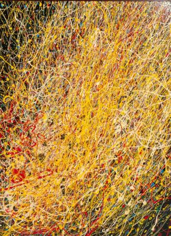 David Filippone Oil on Masonite: David Filippone (American) oil on Masonite. Composition with yellow, red and white paint as the dominant colors with green and blue paint underneath. Sight: 26" H x 19 1/2" W. Frame: 29" H x 22 1/2" W