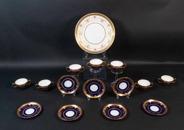 7 Mintons for Tiffany & Co. Cobalt Cups & Saucers: Set of 7 Minton English porcelain two-handled cups & saucers, for Tiffany & Co. New York, cobalt with gilt rims and decoration. Together with a Minton for The McDougall & Southwick Co., Seattle servic