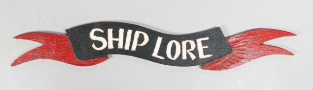 Ship Lore Carved Wooden Sign, Kipp Soldwedel: A carved and painted wooden banner sign. For Kipp Soldwedel's New York City art gallery "Ship Lore". 26 1/4" L x 4" W. Wood glue residue on verso. From the collection of the Salmagundi Club.