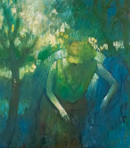 Steve Bagnell Mixed Media on Board Woman in Woods: Steve Bagnell (New Jersey 1930-1996) Mixed media on board of a lady. Signed upper right "Bagnell". Canvas 26" x 23". With frame 34" x 31"