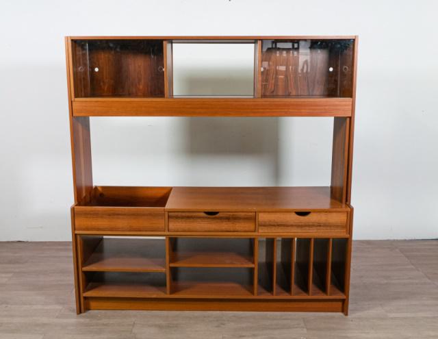 Rosewood Swedish Modern Adjustable Wall Unit: Rosewood Swedish modern wall unit. Three sections with ability to lengthen or shorten the unit. Overall: 60" H X 74 1/2" L X 19 3/4" D. Shortened: 60" H X 59 1/4" L X 19 3/4" D.
