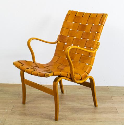 Bruno Mathsson Eva Chair Danish Modern: Bruno Mathsson (Sweden 1907-1988) Mid-Century Modern Eva armchair. Laminated steam-bent beech and leather. 33" x 23 1/4" " x 27 1/2". "Roman and Williams Buildings & Interiors Things We Made" Pages. 1