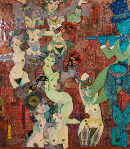 Mylo Quam Mixed Media on Wood Panel The Blue Flute: Mylo Quam (American, North Dakota / Woodstock, NY, 1941-1996). Mixed media oil and cut paper collage on wood panel, The Blue Flute. Signed lower left and titled and dated July 1988 on verso. 48" x 41