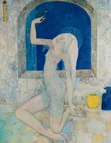 Mylo Quam Oil on Canvas Ste. Lucy: Mylo Quam (American, North Dakota / Woodstock, NY, 1941-1996). Oil on canvas, Ste. Lucy. Signed upper left, and titled and dated Shokan, June 1985 on verso. 37 3/4" x 30 3/4" (with frame 40 1/2" x 32 