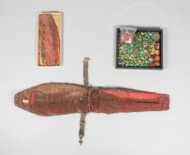 Components of a Ladakh Headdress: A 19 century Ladakh "Perak" or headdress. The headpiece is made of leather and dyed cotton. 2 silver chains inlaid with turquoise are attached to the headpiece. Additionally: 6 set Carnelian stones wi