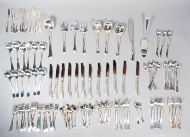 Anton Michelsen Sterling Silver Flatware: A. Michelsen (Denmark 1841-1985) 99 Piece sterling silver flatware set. Marked "A Michelsen Copenhagen Sterling Denmark". 24 teaspoons, 16 salad forks,12 butter knives, 12 soup spoons, 12 dinner forks