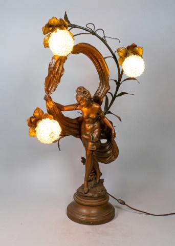 Auguste Moreau Bronze Lamp: Auguste Moreau (French, 1834-1917) - Signed "Aug Moreau" with foundry mark "Fabrication Francais, Paris, Made in France". On metal base with inscription "Danse Printaniere" Por Aug. Moreau (Sculpture)