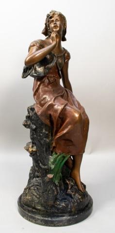 After Auguste Moreau Patinated Bronze of a Woman: Bronze sculpture after Auguste Moreau (French 1826-1897). Bronze cast of a young woman sitting, on marble base. Signed on base. Patinated. 26 7/8" H x 14"-diameter. Wear to patina on hand and face.