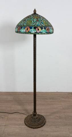 Tiffany Studios Style Floor Lamp: Tiffany Studios Style floor lamp. American, Early 20th Century. Bronze floral base, twisted stand, floral leaded glass shade. Lamp has not been tested. 65" H x 19" Diameter