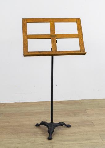 Albert V Mertes Music Stand on Metal Base: Music stand on iron base with oak frame for holding music sheets. Wooden Frame folds Up - Adjustable for Height and Angle of Frame Albert V. Mertes - "The Violin Shop" Cincinnati Ohio, U.S.A. label. 4