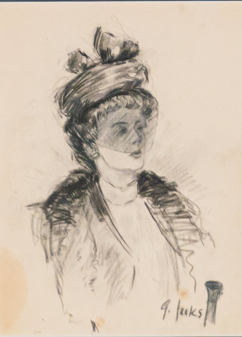 George Benjamin Luks Charcoal Drawing: George Benjamin Luks (American, 1867-1933). Charcoal on paper, "Woman with Hat". Signed lower right "G. Luks." Information on artist taped to verso. From the Salmagundi Club, the oldest artist's club