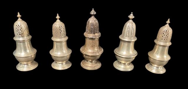 Collection of 5 Sterling Salt and Pepper Shakers: 3 Ensko New York sterling silver salt and pepper shakers: 4 1/2" Height. 280.6 grams. 2 Richard Comyns sterling silver London England 1907 salt and pepper shakers: 5 1/8" Height. 317.6 grams. All 5 ma