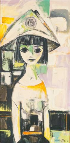 Nicholas Takis Oil on Canvas of a Girl: Nicholas Takis (New York 1903 - 1965) Oil on canvas of a girl wearing a hat. Signed lower right "Nicholas Takis". Canvas 29 1/2" x 14 1/2". Frame 39" x 24". Staining to frame