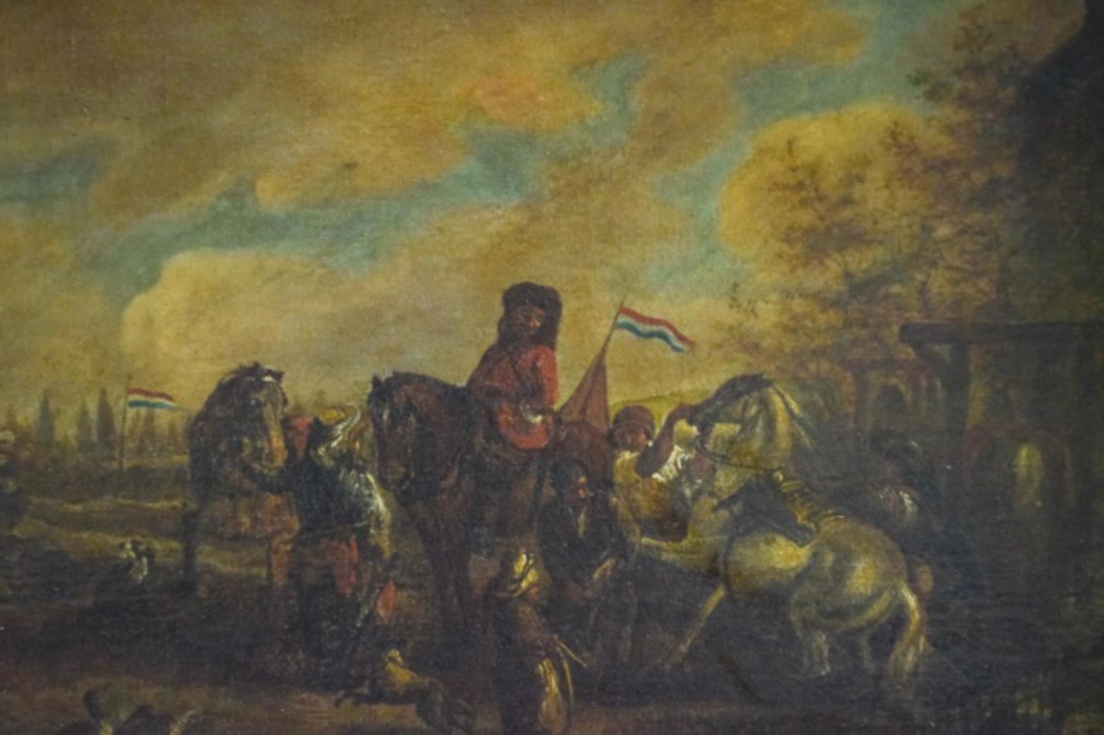 19 Century Oil Painting On Board Dutch Encampment.: Continental 19th Century oil painting on board. Dutch encampment with invaders. M VAN MERK Gallery Amsterdam Stamped on back. Appears unsigned. Sight size 13" x 17 1/2". Overall size 22 1/4" x 26 1/2"