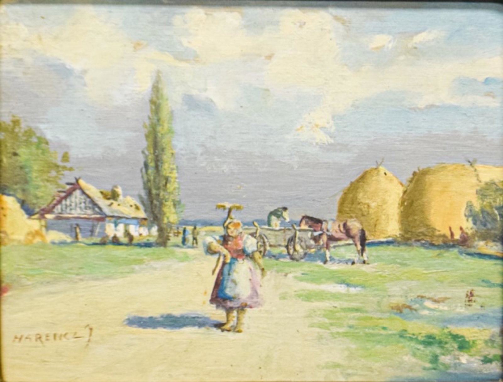 Joseph Harencz Oil on Board Rural Landscape: Joseph Harencz (Hungarian, 1899-1969) Oil on board. Rural landscape featuring a milkmaid with rake. Signed in the lower left. Slight paint loss in the top of the canvas. Sight: 3 15/16" x 5 1/16", Fra