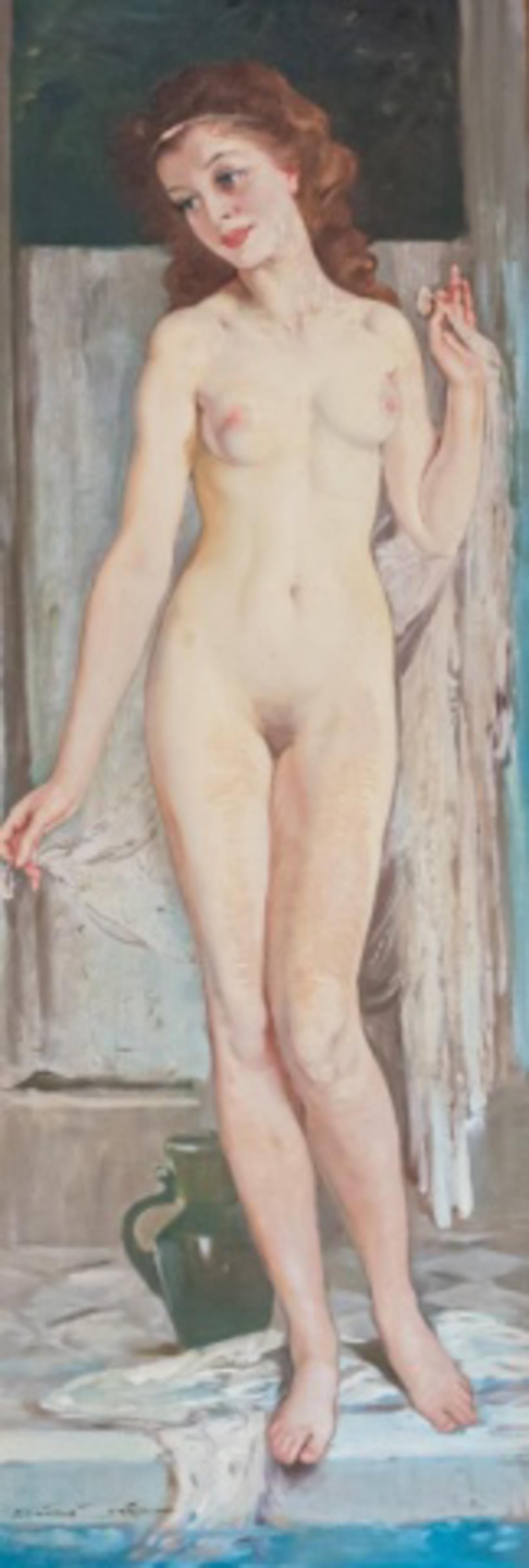 Maria Szantho Oil on Canvas Nude Portrait: Maria Szantho (Hungarian, 1898-1984). Oil on canvas nude portrait of a woman. Signed lower left. 38" x 24" (with frame 42 1/4" x 17").