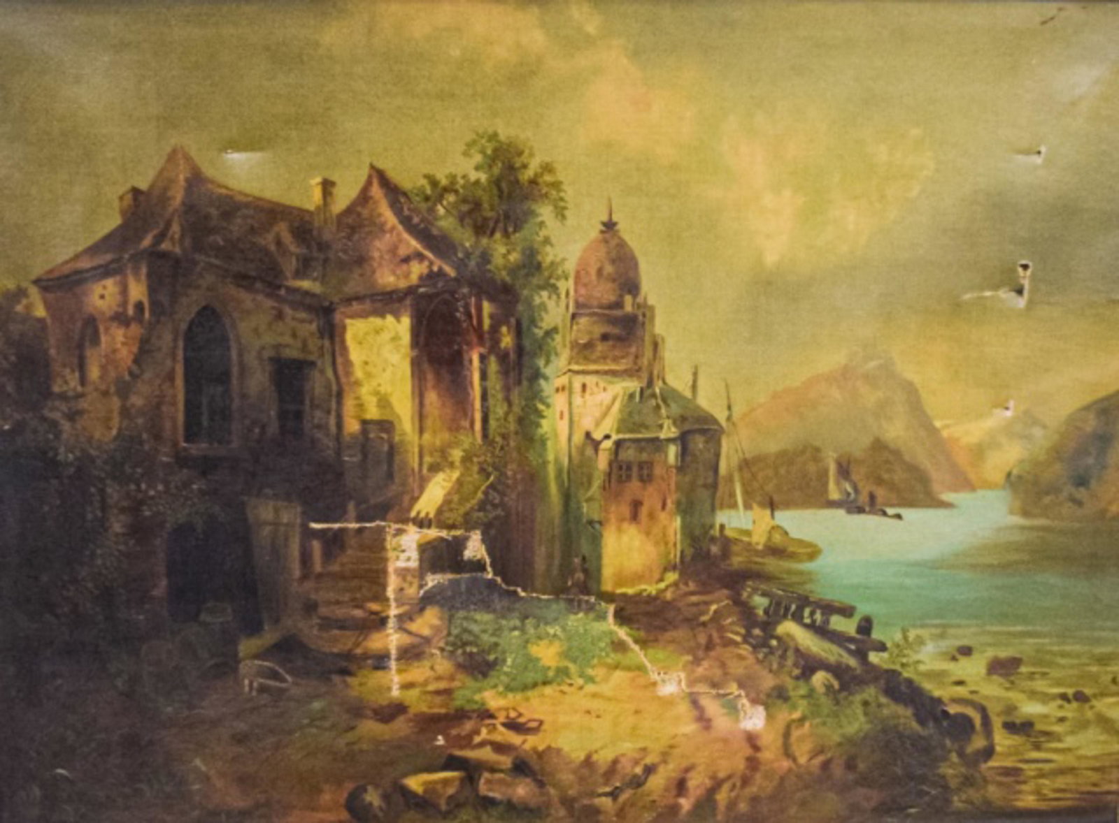 19th Century Oil on Canvas Landscape: Unsigned. Oil on canvas in gilt frame from the 19th century depicting a landscape by a river. Punctures and tears on lower left and upper right. Sight: 22" x 29 1/2" Framed: 30 3/4" x 38"