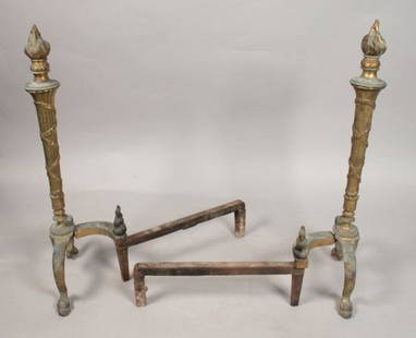 Brass Torch Andirons: Brass andirons, with torch tops. 20 1/2" H X 17" L X 8" W