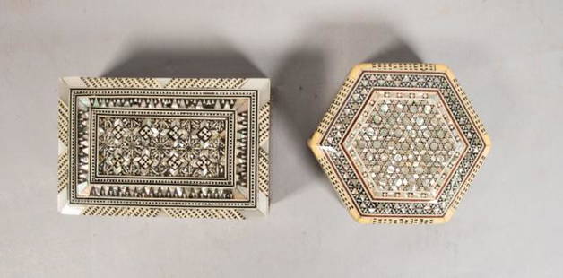 2 Mother-of-Pearl & Wood Jewelry Boxes: 2 Moroccan wood boxes with mother-of-pearl inlay and red felt lining interior. 1 - Rectangular - 2" H X 5" L X 3 1/4" W 2 - Hexagonal - 2" H X 3 3/4" Diameter