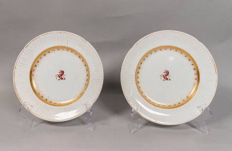 Two 19th Century Wedgewood Pearlware Plates: Two 19th Century Wedgewood Pearlware plates. British, Early 19th Century. Scalloped plate with gilt edges and tracery, and a unicorn motif purported to be a family crest. Marked "T. Sharpus and Co.