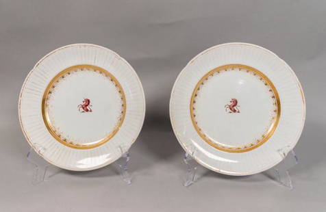 Two 19th Century Wedgewood Pearlware Plates: Two 19th Century Wedgewood Pearlware plates. British, Early 19th Century. Scalloped plate with gilt edges and tracery, and a unicorn motif purported to be a family crest. Marked "T. Sharpus and Co. 13