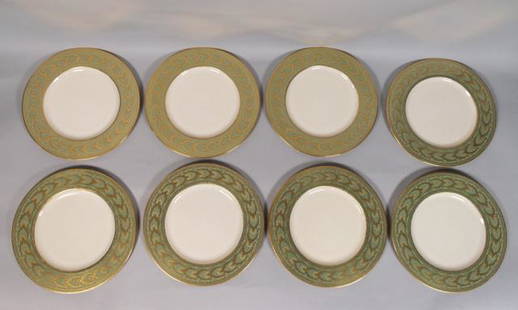 Set of 8 Lenox Gilt Enamel Dinner Plates: Lenox (American, New Jersey, 1889-). Set of 8 cream dinner plates with green and gilt rims and gilt enamel decoration. Circa mid- to late-20th century, with Gold Lenox Made in USA marks to undersides.