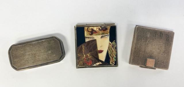 Grouping of Compacts & Box: Silver box, hallmarked on edge, 3 1/4"L x 1 3/4"W, 3.04 ozt; sterling compact, marked sterling on latch, with monogram, 2 1/2" x 2 1/2", 2.53 ozt; compact with enamel plaque portrait of woman, 2 3/4"