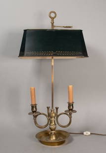 Brass Bouillotte Lamp: Brass Bouillotte lamp with tole shade. 26" Height with finial, 6 1/2" base diameter.