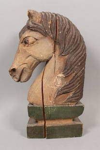 Polychrome Wood Horse Head: Polychrome wood horse head. 7 1/2" L x 3 1/2" W x 17 1/2" H. Chip to ears, large split, wear to paint.