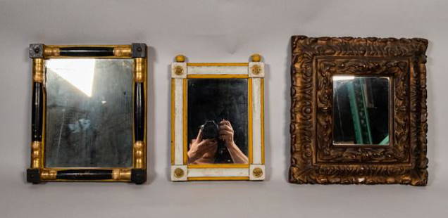 3 Painted Mirrors: 3 painted mirrors. Painted yellow and white wooden mirror with gilt rosettes, 11 3/4" x 8 3/4"; painted black and gilt wooden mirror, 12 3/4" x 10 3/4"; carved gesso mirror, 13 3/4" x 12 3/4". Paint