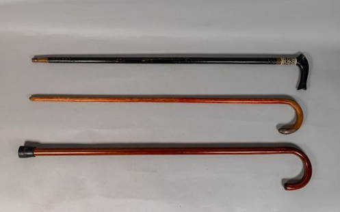 3 Wooden Canes: 3 wooden canes. Continental, Early 20th Century. A rosewood cane with rubber ferrule, a wooden cane with a fragmented sterling handle with monogrammed "C", and an ebonized sword cane with fish