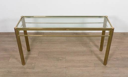 Italian Modern Style Brass Console: Italian Modern style brass console with beveled glass top. Italian, Late 20th Century. Some wear to glass. 26" H x 52" L x 16" D