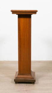 Wooden Pedestal: Wooden pedestal. European, Early 20th Century. Beveled top with veneer, oak, bracket feet. Scratches to top, some small scuffing on base. 32" H x 11" L x 11" D