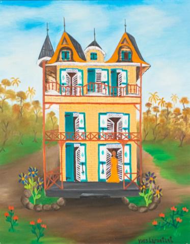 Yves Lafontant Haitian Oil on Masonite: Yves Lafontant (Haiti, 1939). Oil on masonite woman at house. Signed lower right Yves Lafontant. 19 1/2" x 16" (with frame 22 1/4" x 18 1/4"). Small scratch lower right, small chip lower right right,