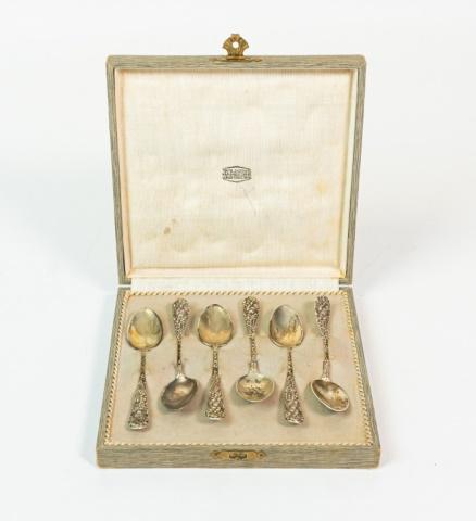 6 Sterling Steiff Rose Dematisse Spoons: 6 sterling silver Steiff dematisse spoons in the pattern "Rose". In fitted case. 93.0 grams. Marked "Steiff Sterling" on the handle. 4 3/8" Length.