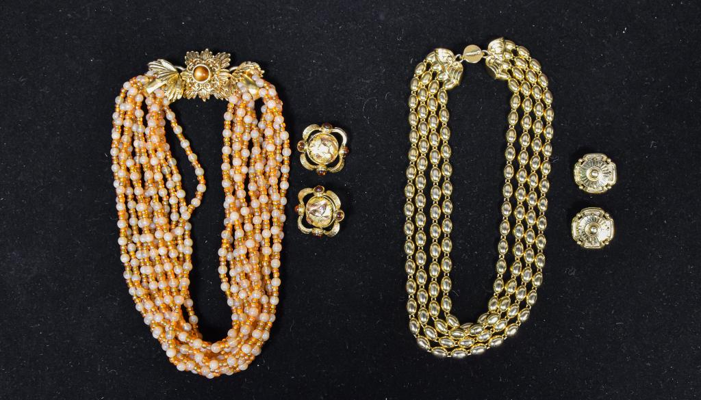 Jose and Maria Barrera Necklace and Earring Sets: 2 Jose and Maria Barrera necklace and earring sets. Gold tone tiered choker and with clip on earrings. Beaded choker with art deco clasp and gold tone clip on earrings. 16" Length and 5 3/4" Diameter.