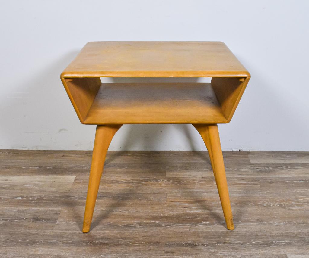 Heywood Wakefield Mid Century Modern Night Stand: Heywood Wakefield Mid Century Modern night stand. American, Mid 20th Century. Stamped "HEYWOOD WAKEFIELD" on underside. Open shelf under top of night stand. Wear and stains to top. 26" H x 26" L x 24"