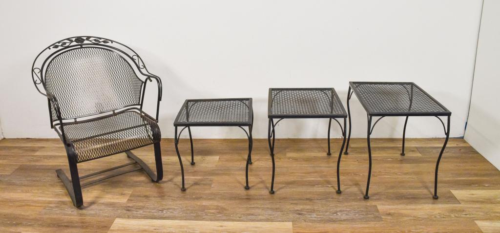 Woodard Briarwood Style Chair and Tables: Woodard Briarwood style chair and three nesting tables. American, Late 20th Century. Black metal and decorative florets. Rust and oxidization present. 34" H x 25 1/2" L x 26" D