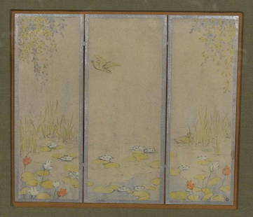 Kenneth Stevens MacIntire Mixed Media Triptych: Kenneth Stevens MacIntire (American, Massachusetts, 1891-1979). Watercolor and mixed media triptych of a pond, panels attached to form a three-fold screen. Unsigned, with additional info and estate st